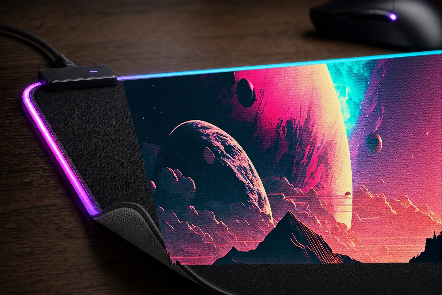 Cosmos vaporwave cinematic RGB Desk Mat controller and material detail