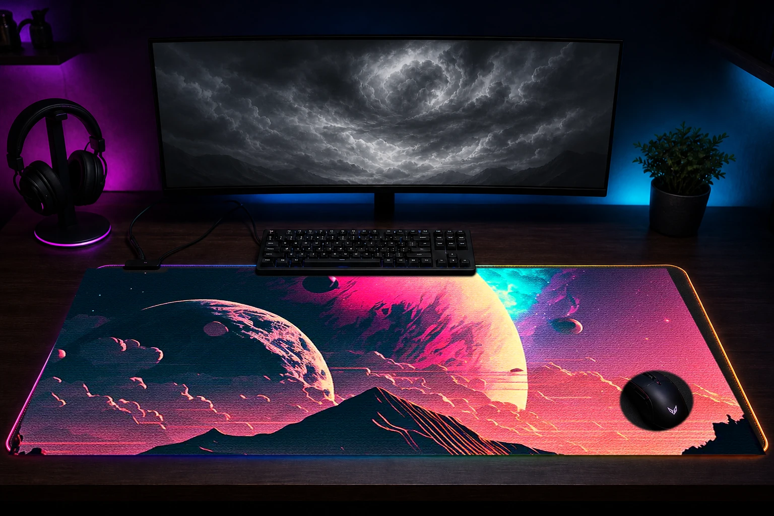 Cosmos vaporwave cinematic RGB Desk Mat immersive setup scene
