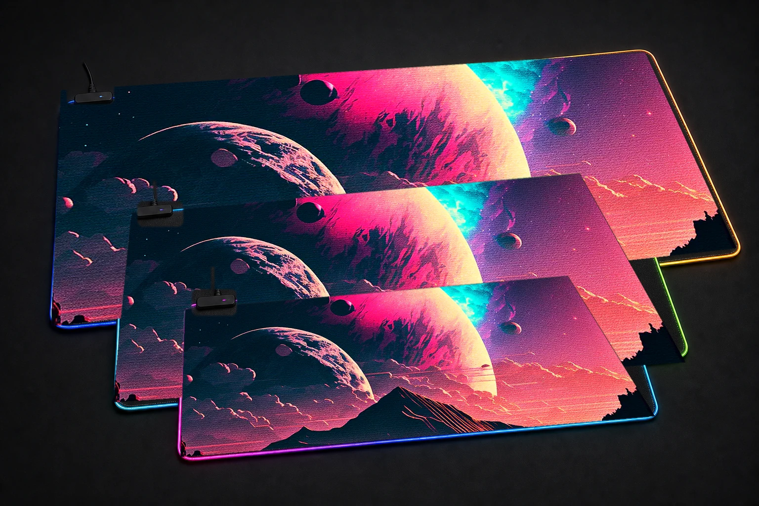 Cosmos vaporwave cinematic RGB Desk Mat three-size comparison