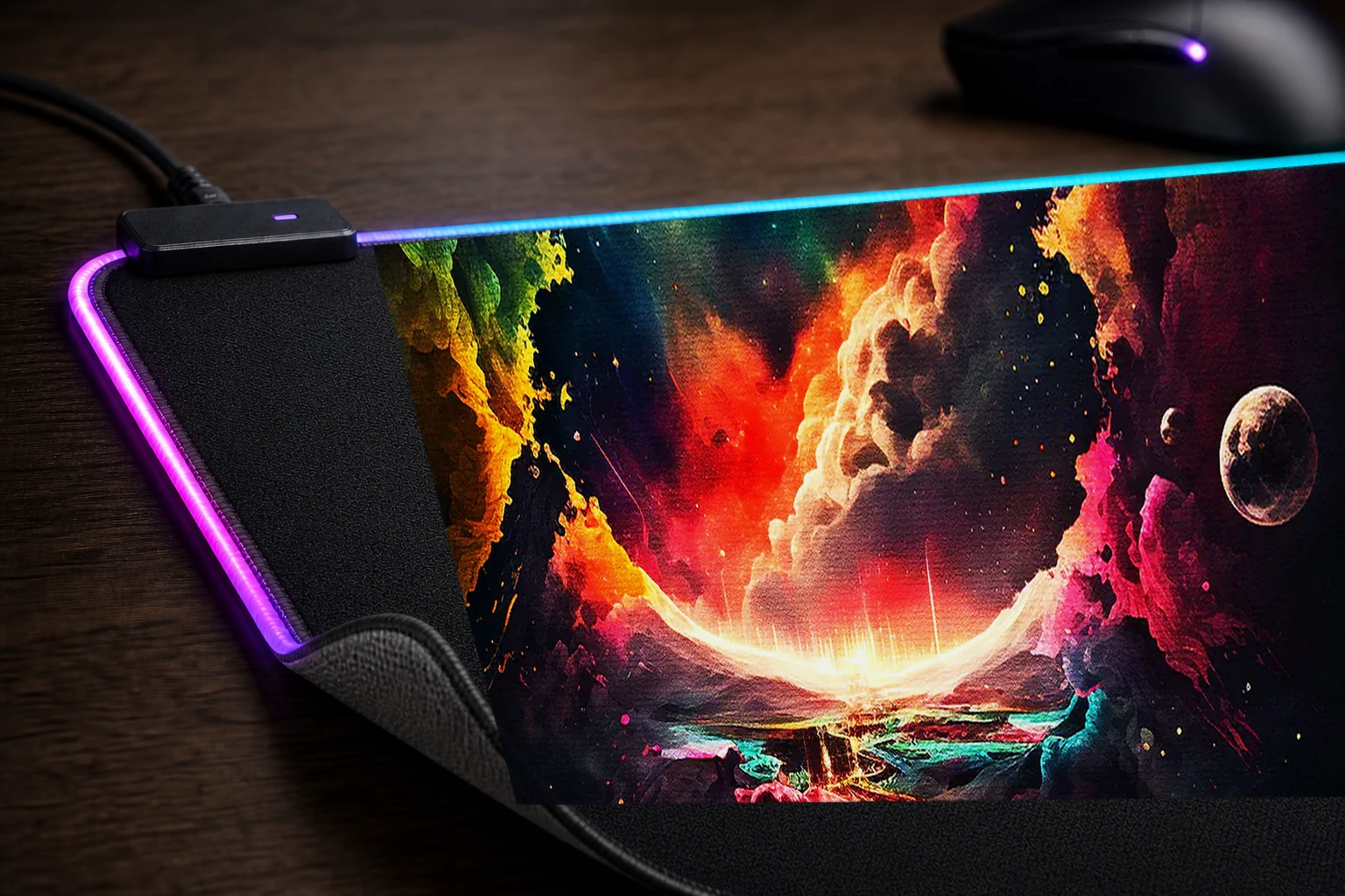 Colorful universe paint RGB Desk Mat controller and material detail