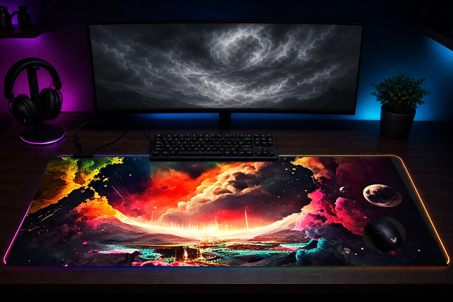 Colorful universe paint RGB Desk Mat immersive setup scene