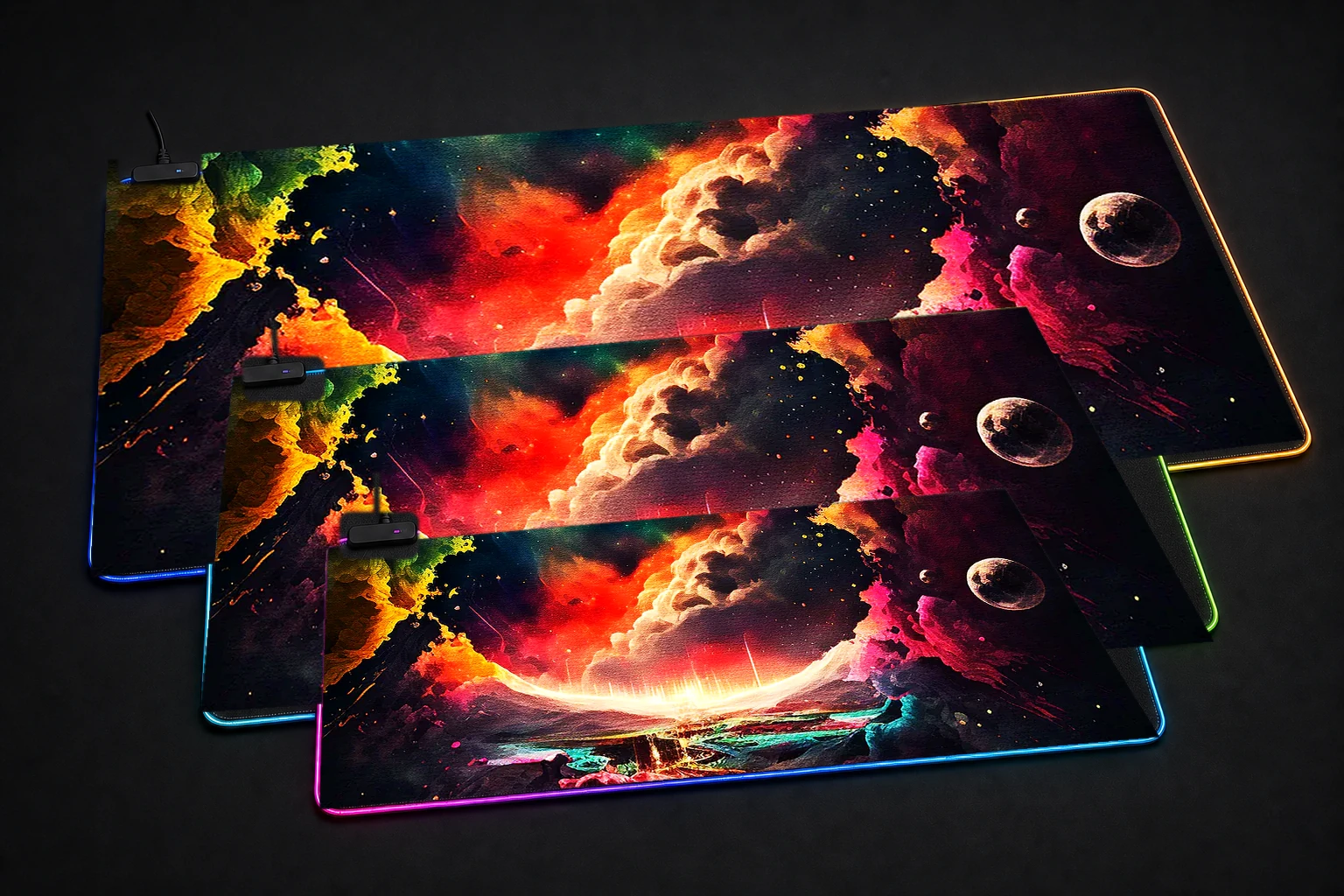 Colorful universe paint RGB Desk Mat three-size comparison