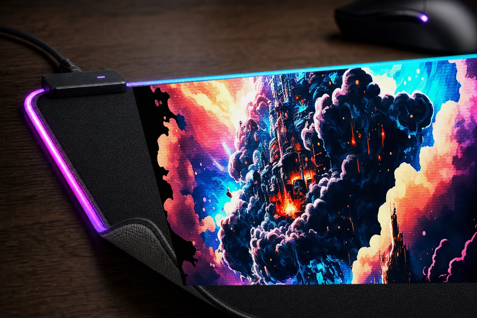 A colorful fantasy world RGB Desk Mat controller and material detail