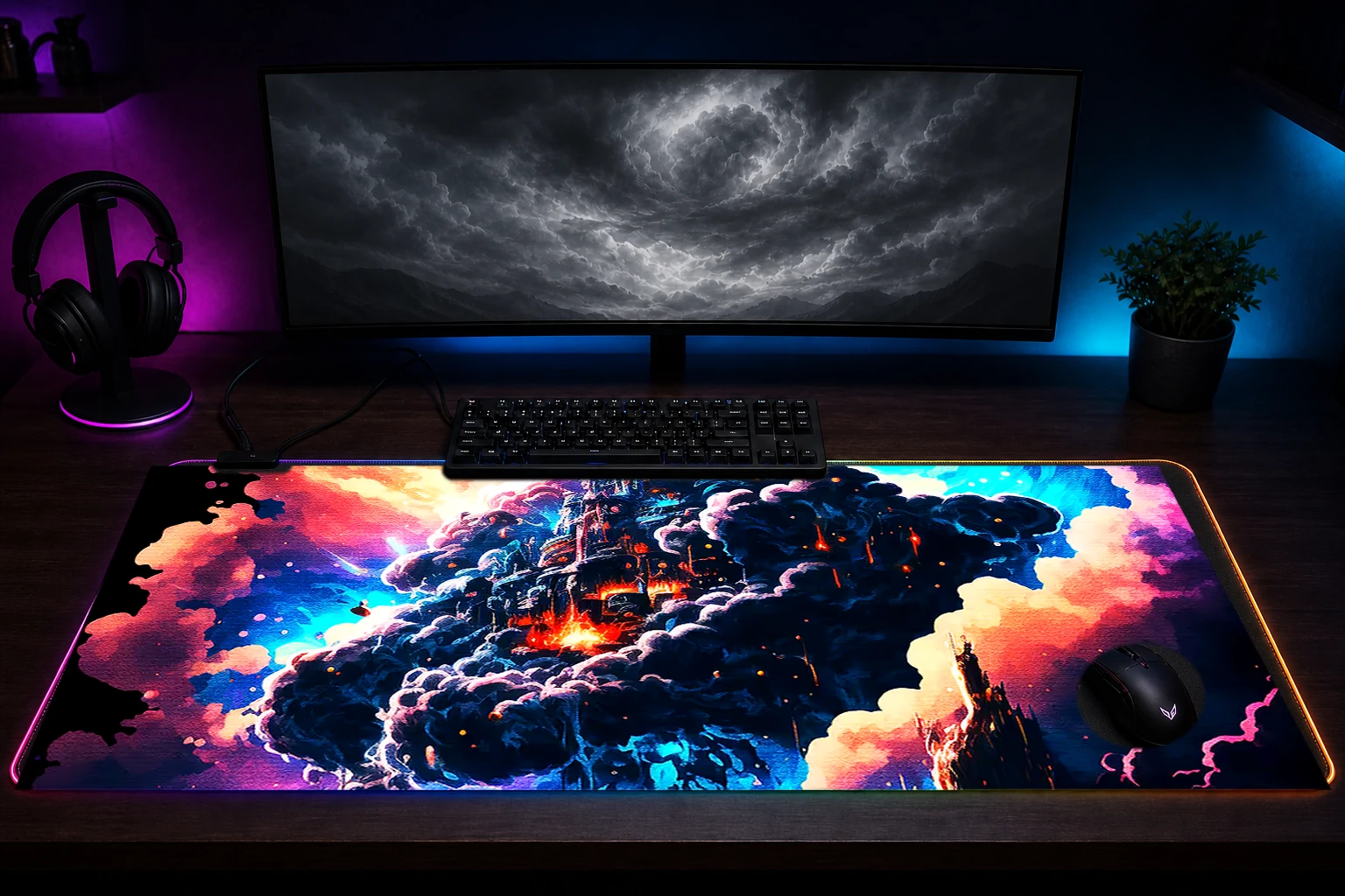 A colorful fantasy world RGB Desk Mat immersive setup scene