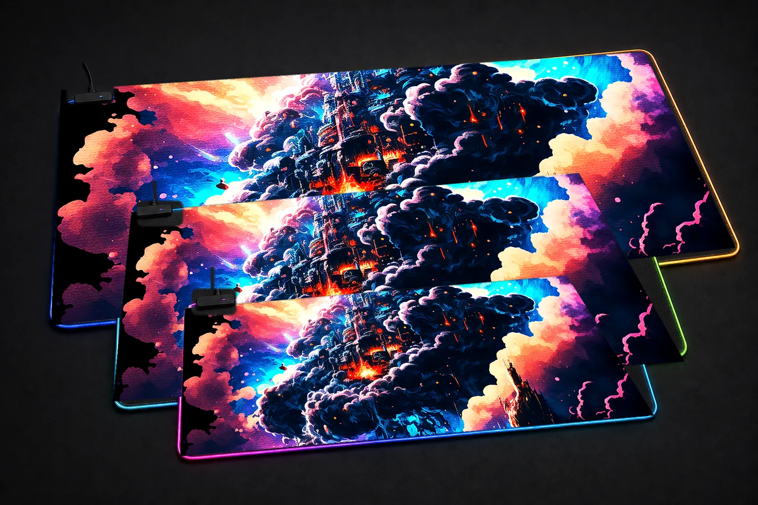 A colorful fantasy world RGB Desk Mat three-size comparison