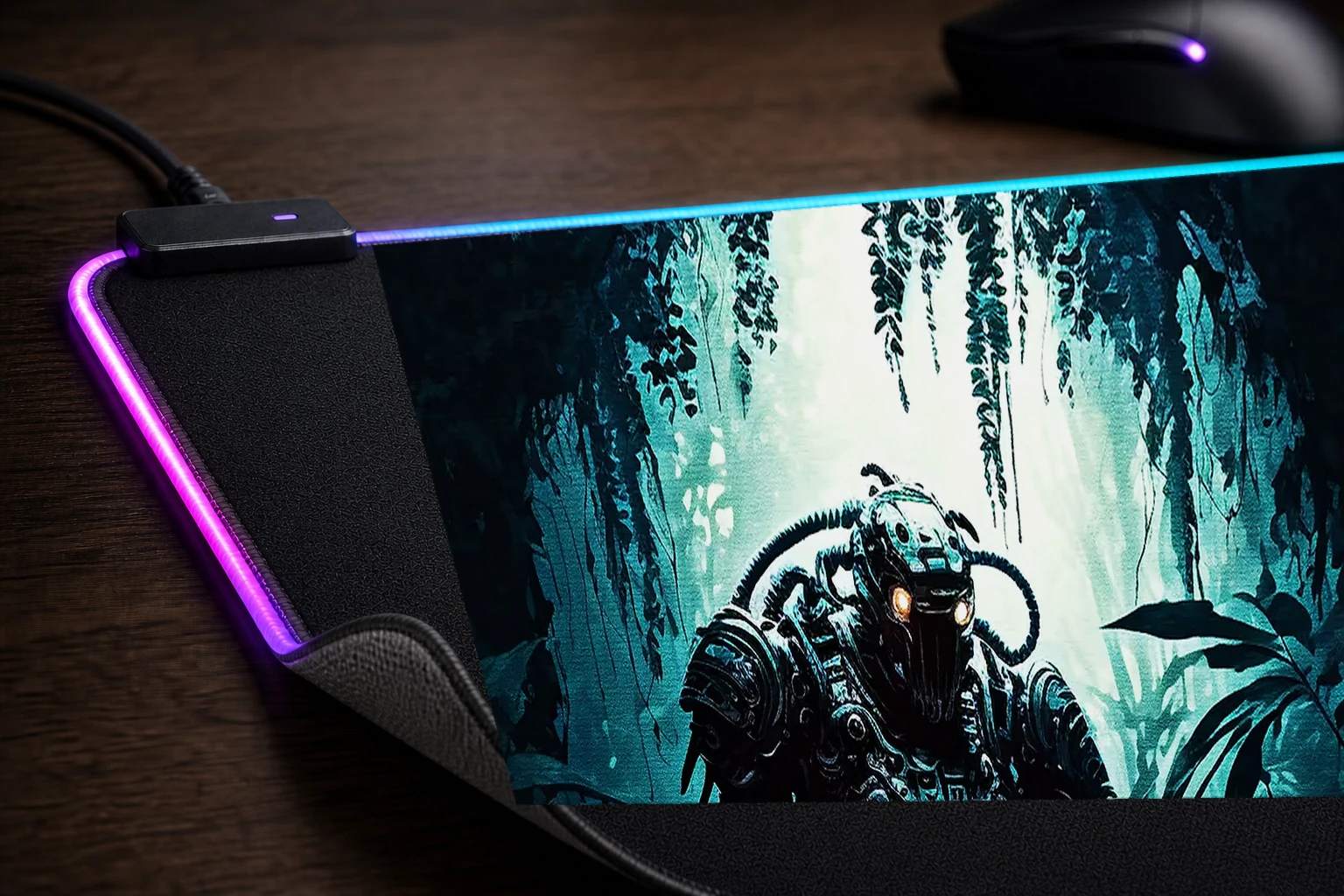 Robot Exploring Forest RGB Desk Mat controller and material detail