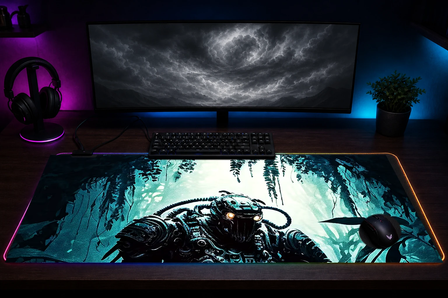 Robot Exploring Forest RGB Desk Mat immersive setup scene