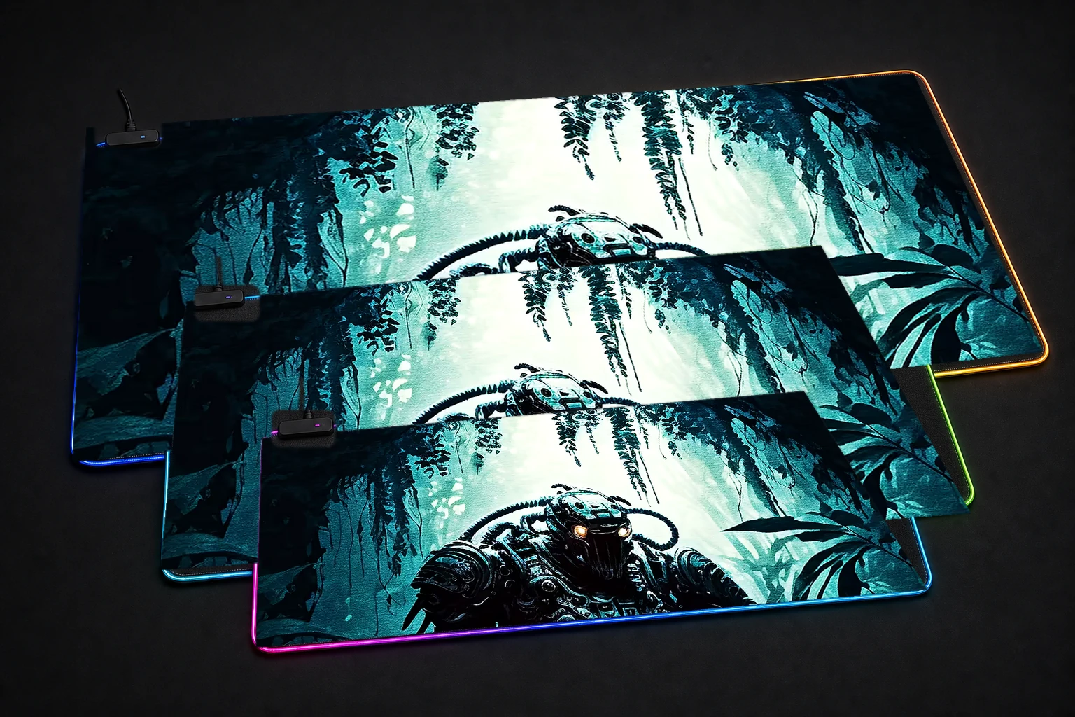 Robot Exploring Forest RGB Desk Mat three-size comparison