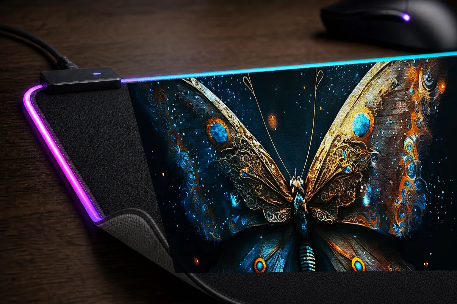 Ancient Butterfly RGB Desk Mat controller and material detail