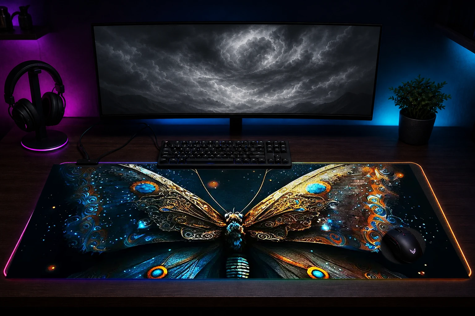 Ancient Butterfly RGB Desk Mat immersive setup scene