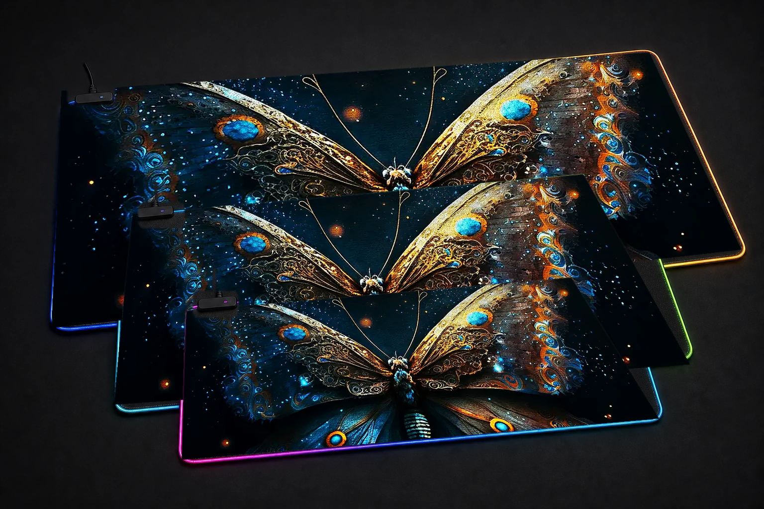 Ancient Butterfly RGB Desk Mat three-size comparison