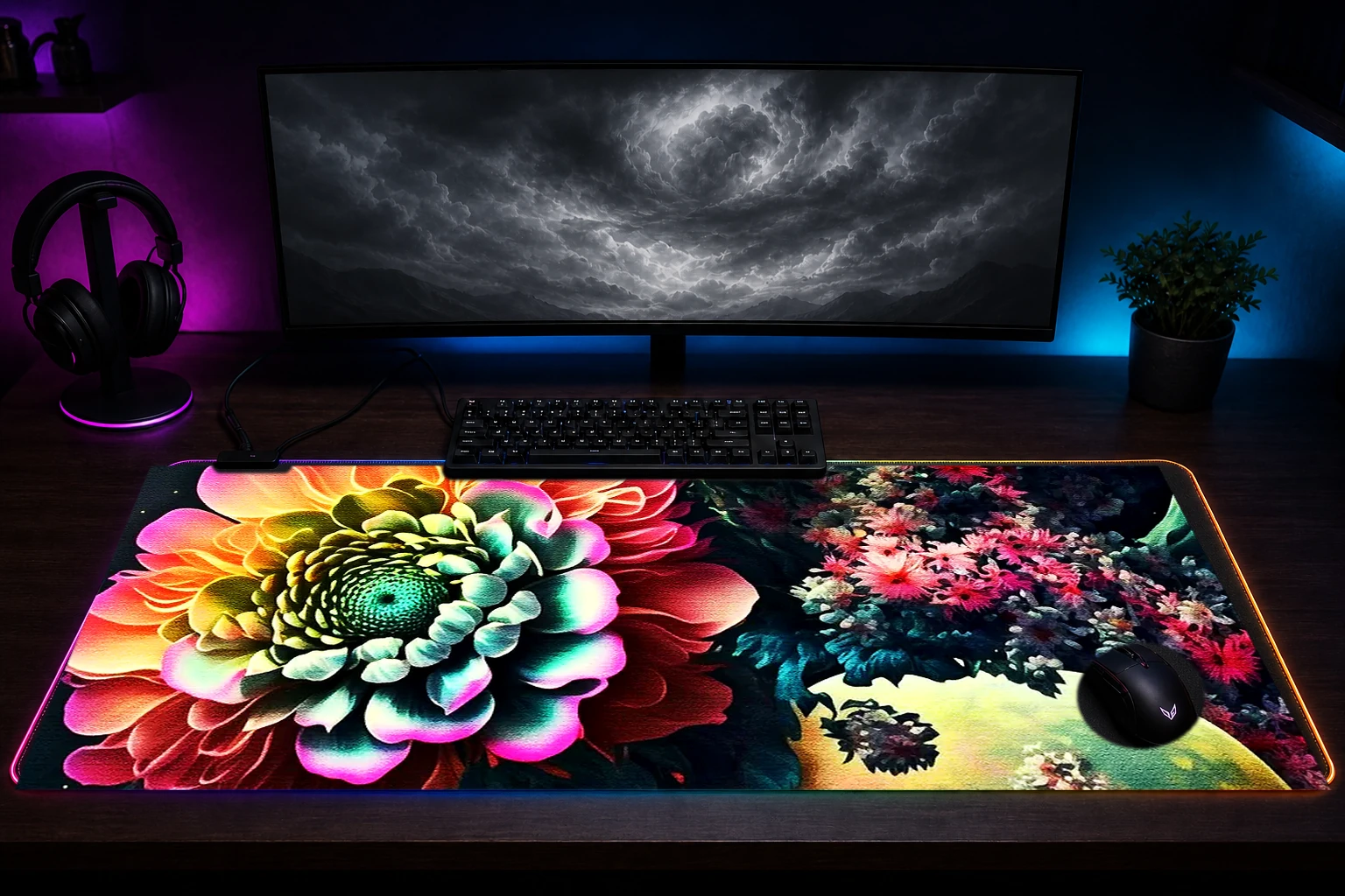 Colorful Flower Paint RGB Desk Mat immersive setup scene