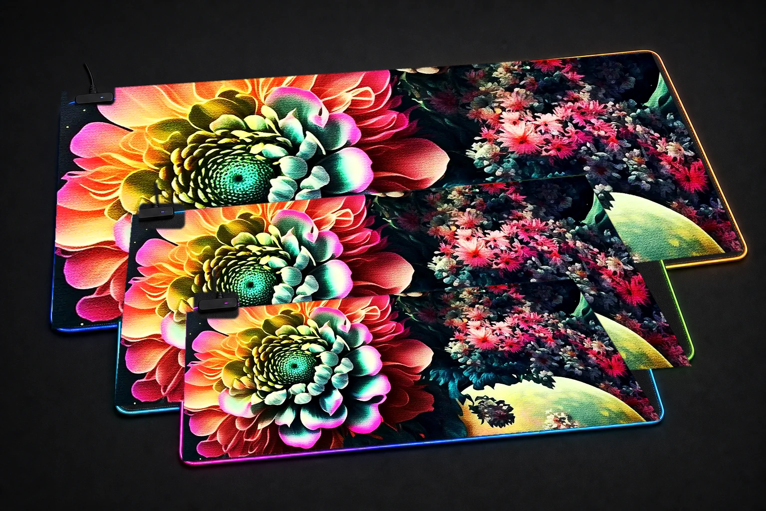 Colorful Flower Paint RGB Desk Mat three-size comparison