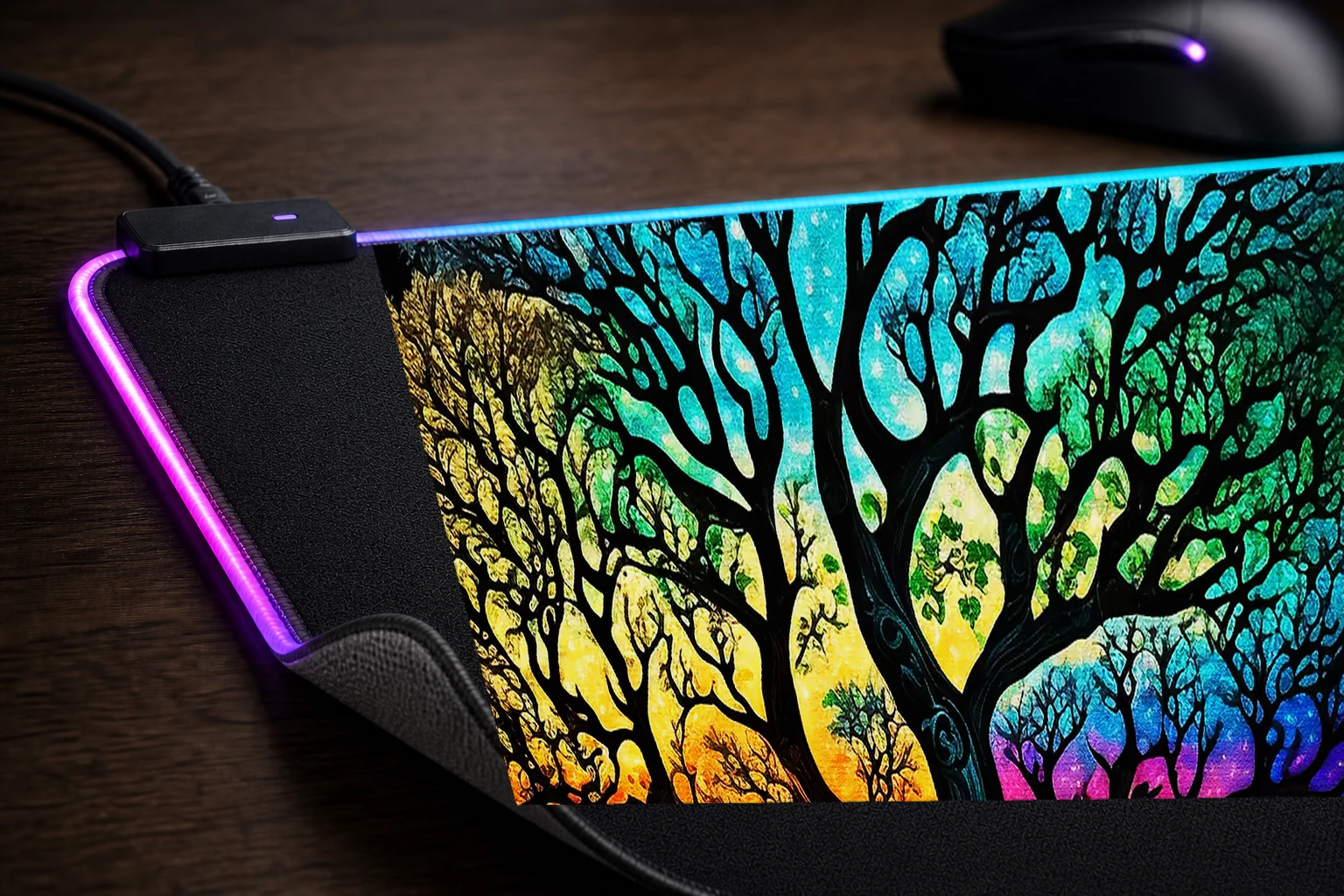 Colorful Of Tree RGB Desk Mat controller and material detail