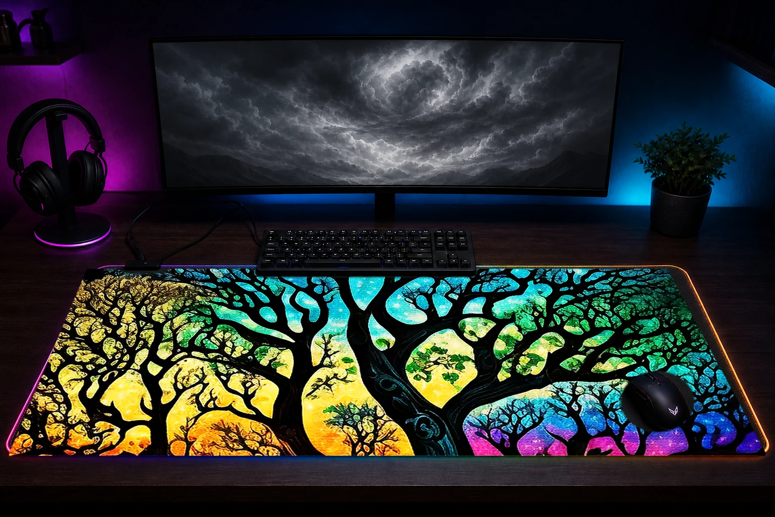 Colorful Of Tree RGB Desk Mat immersive setup scene