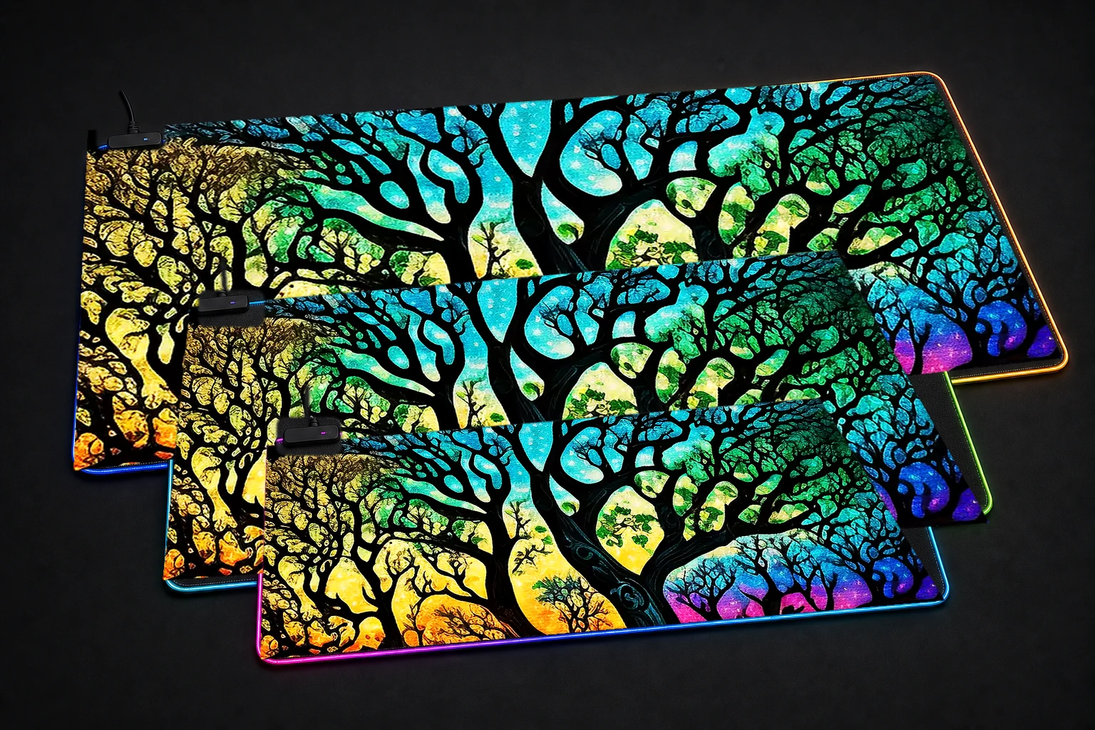 Colorful Of Tree RGB Desk Mat three-size comparison