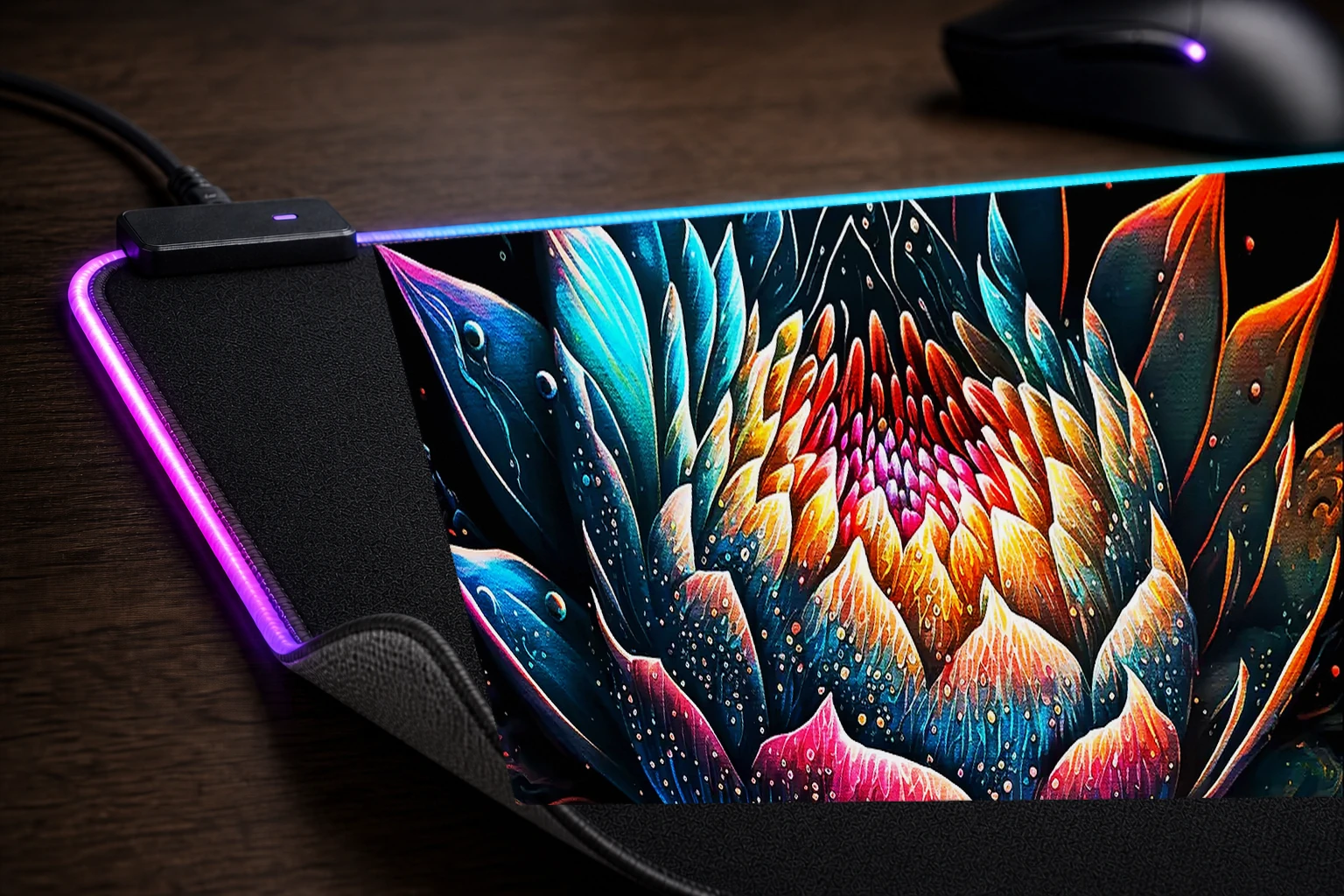 Lotus flower art RGB Desk Mat controller and material detail