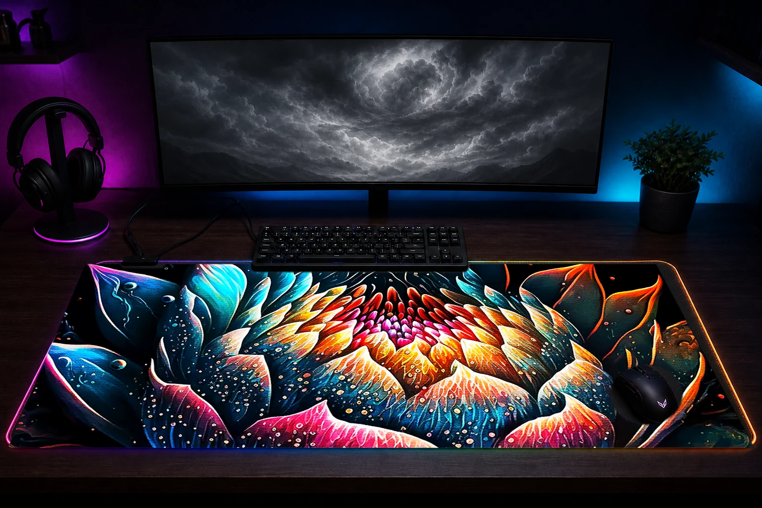 Lotus flower art RGB Desk Mat immersive setup scene