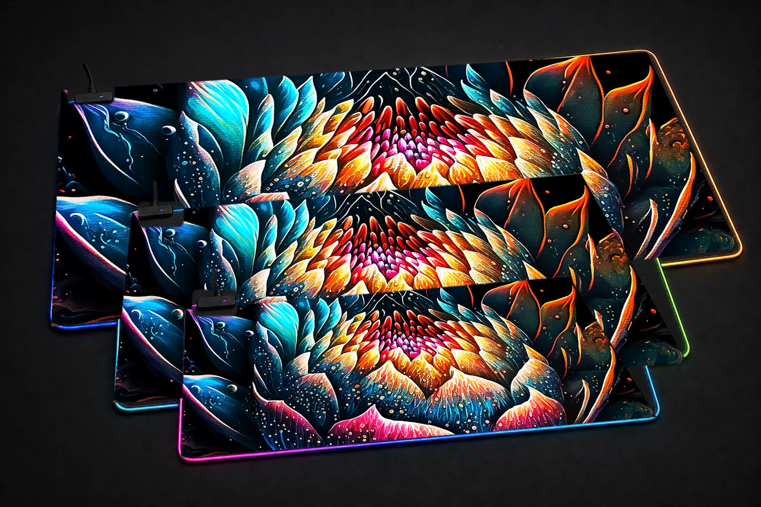 Lotus flower art RGB Desk Mat three-size comparison