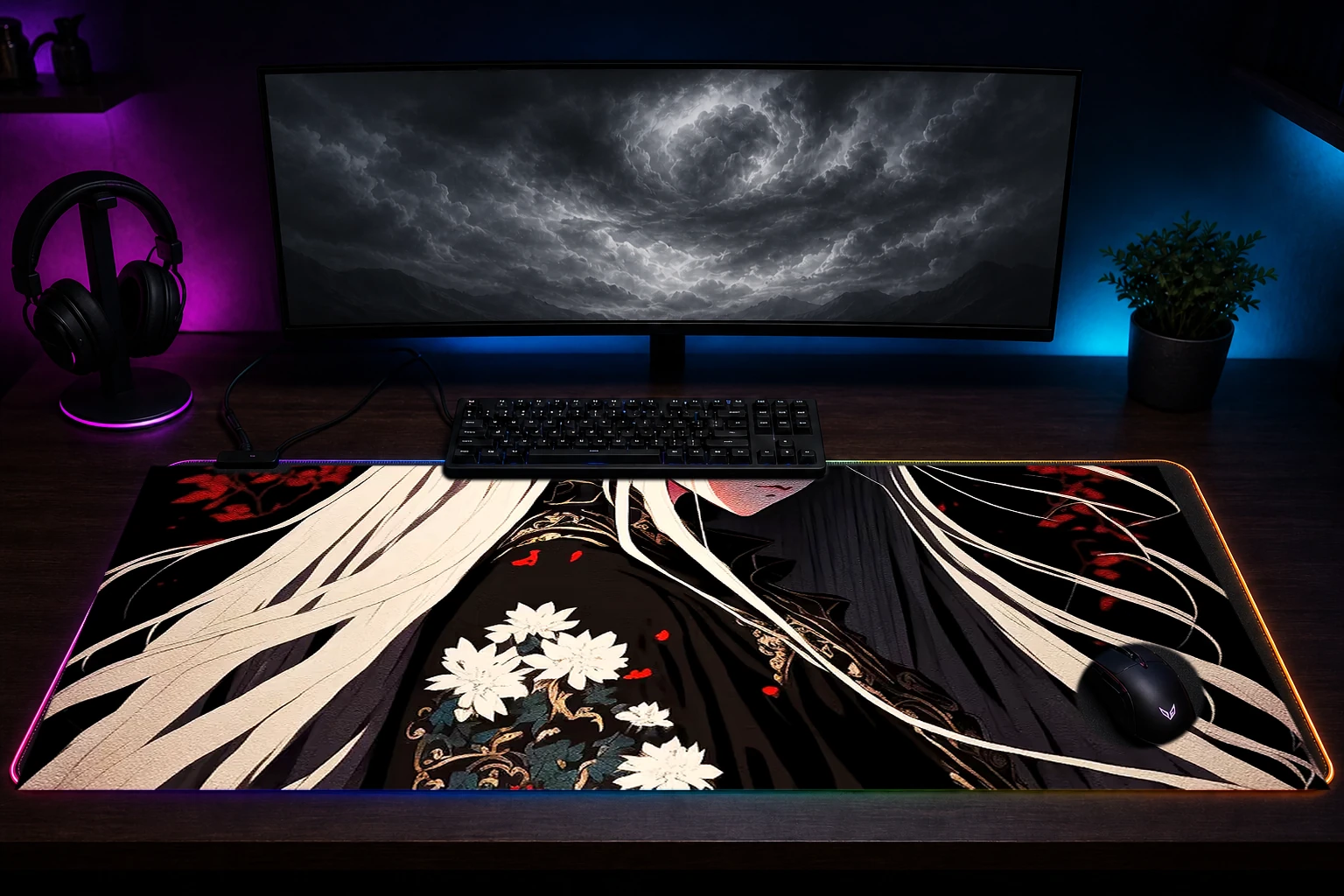 Female demon RGB Desk Mat immersive setup scene