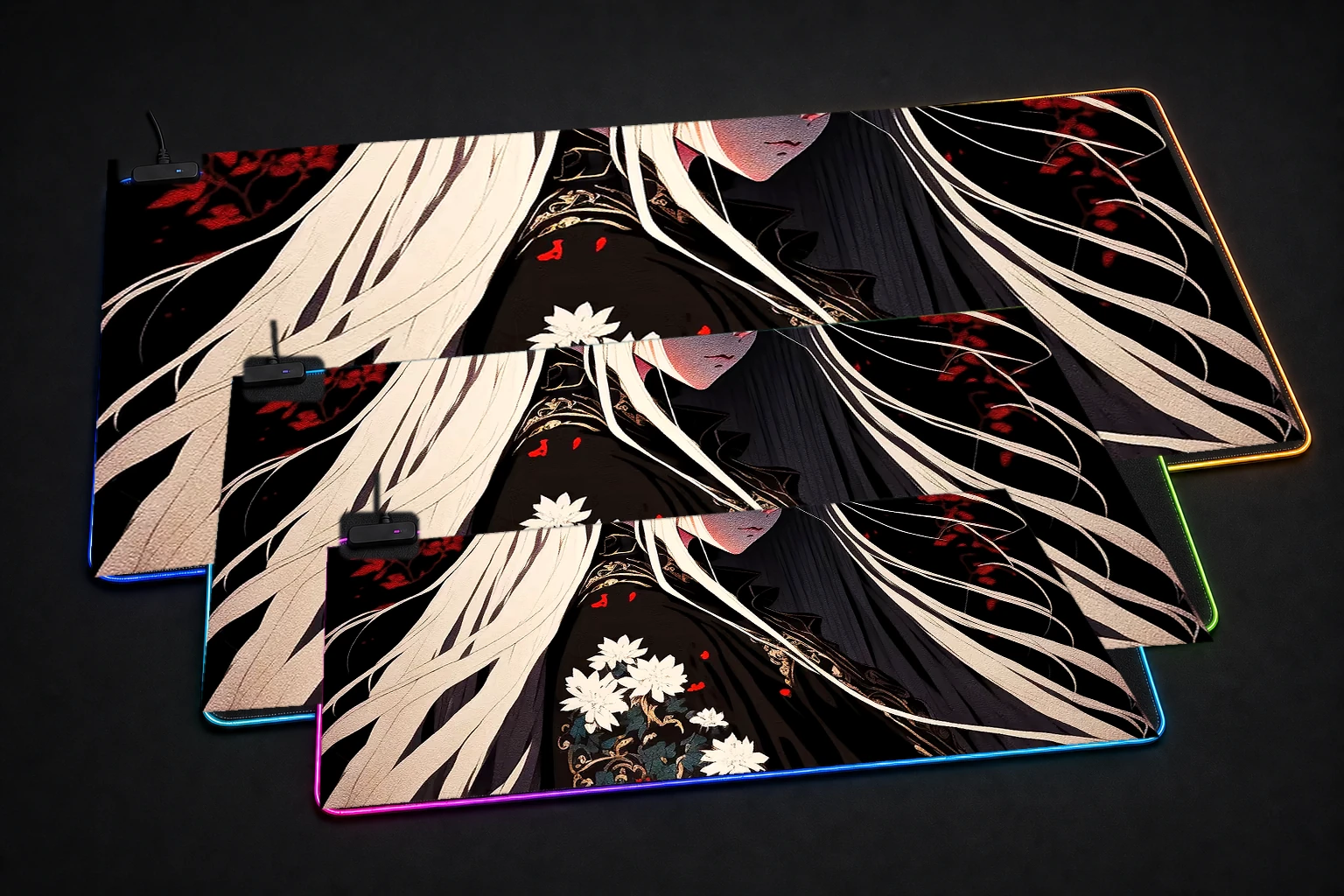Female demon RGB Desk Mat three-size comparison