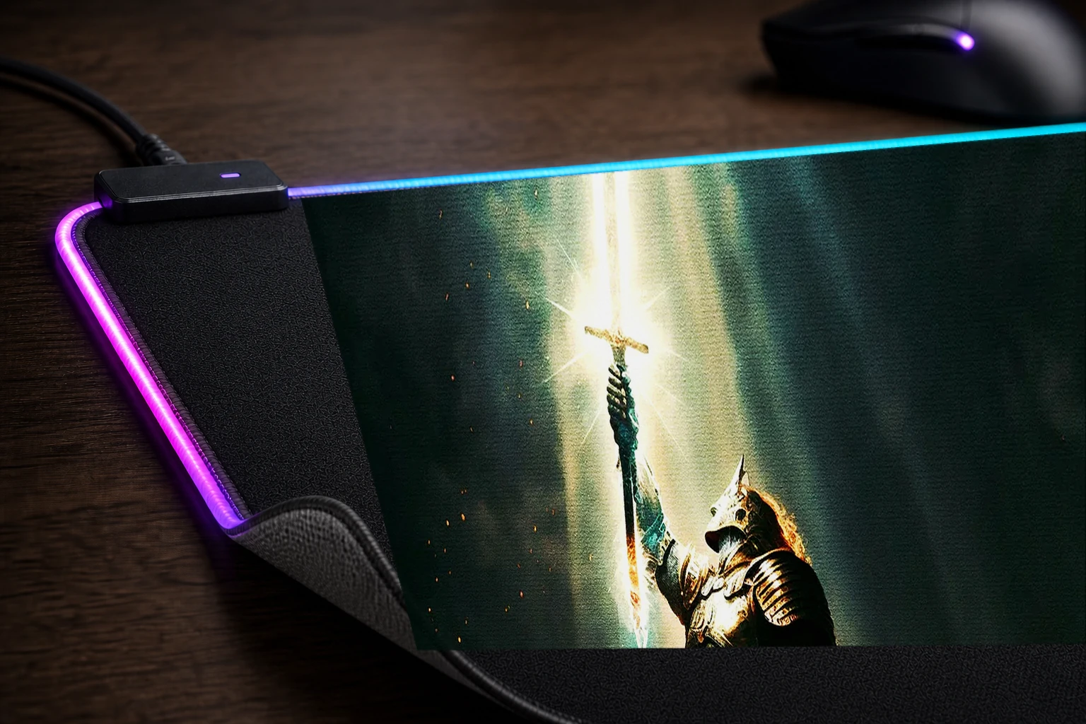 Warrior holding sword RGB Desk Mat controller and material detail