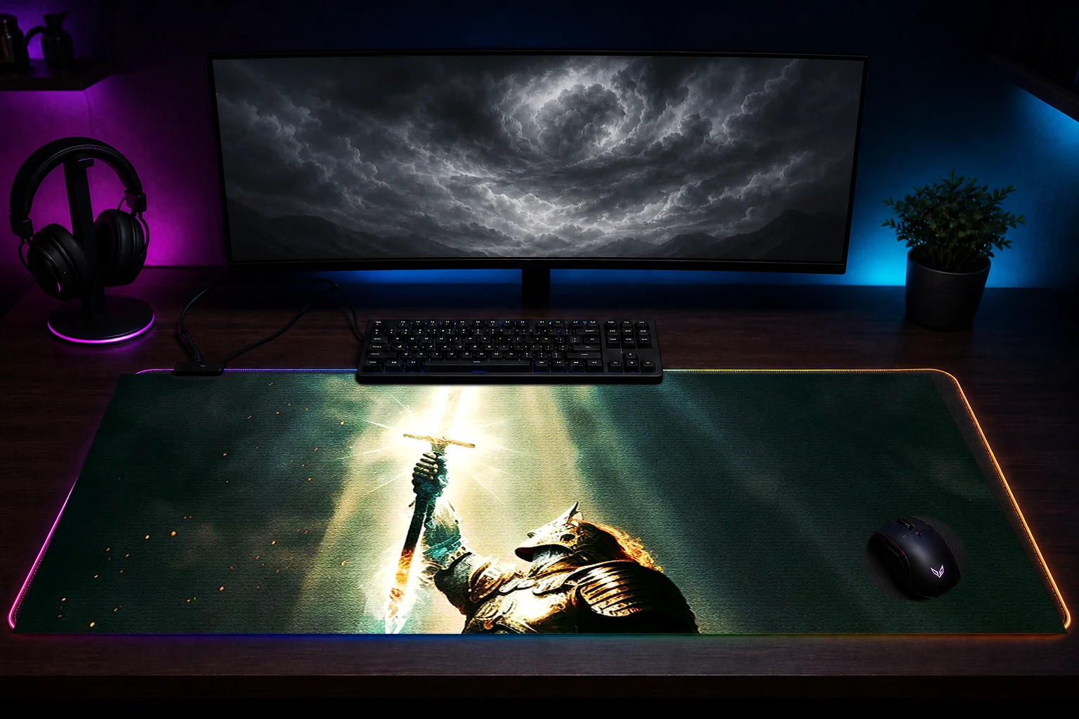 Warrior holding sword RGB Desk Mat immersive setup scene