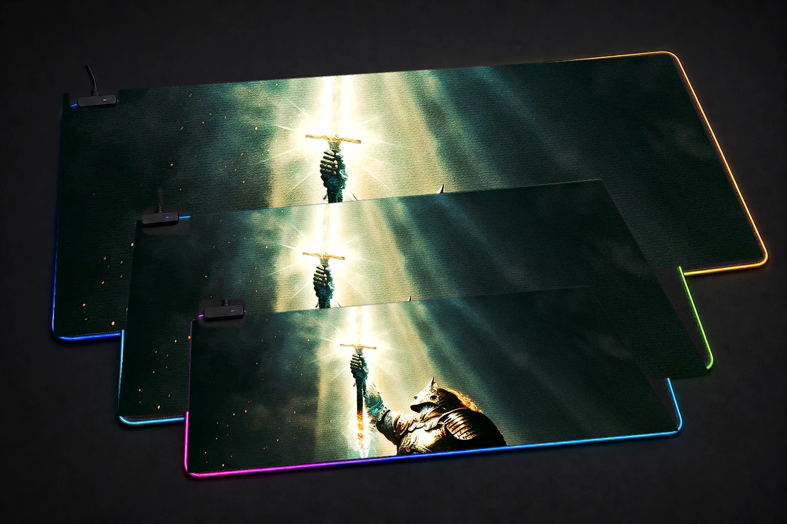 Warrior holding sword RGB Desk Mat three-size comparison