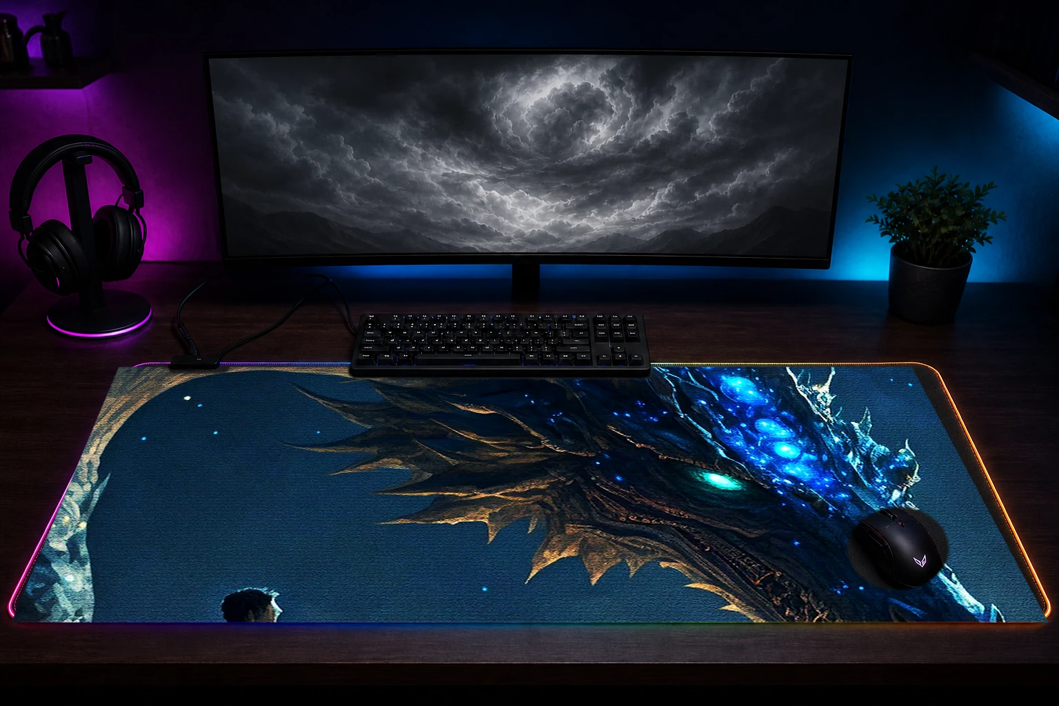 Blue Dragon Appearance RGB Desk Mat immersive setup scene