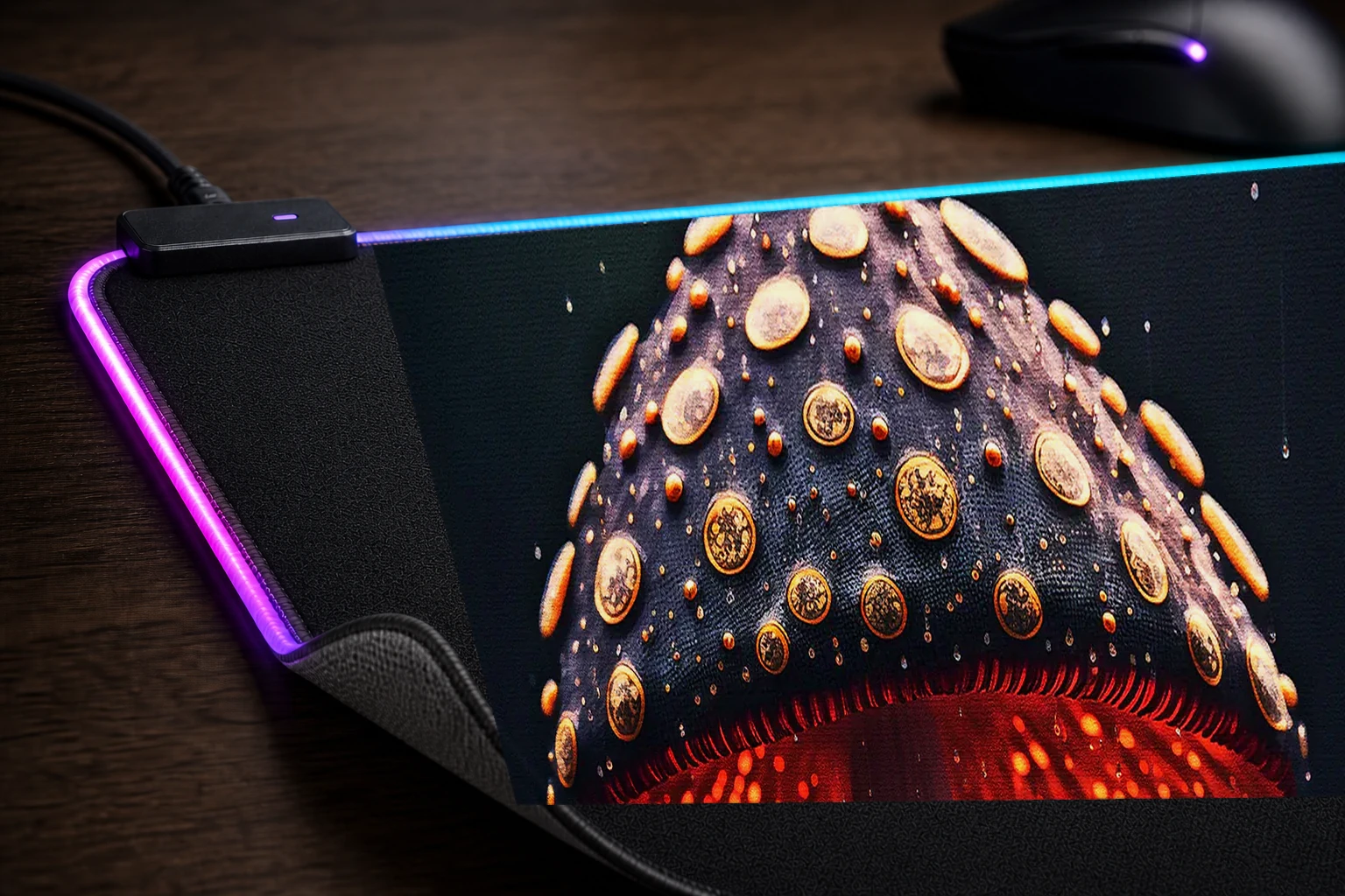 Mushrooms In the Rain RGB Desk Mat controller and material detail