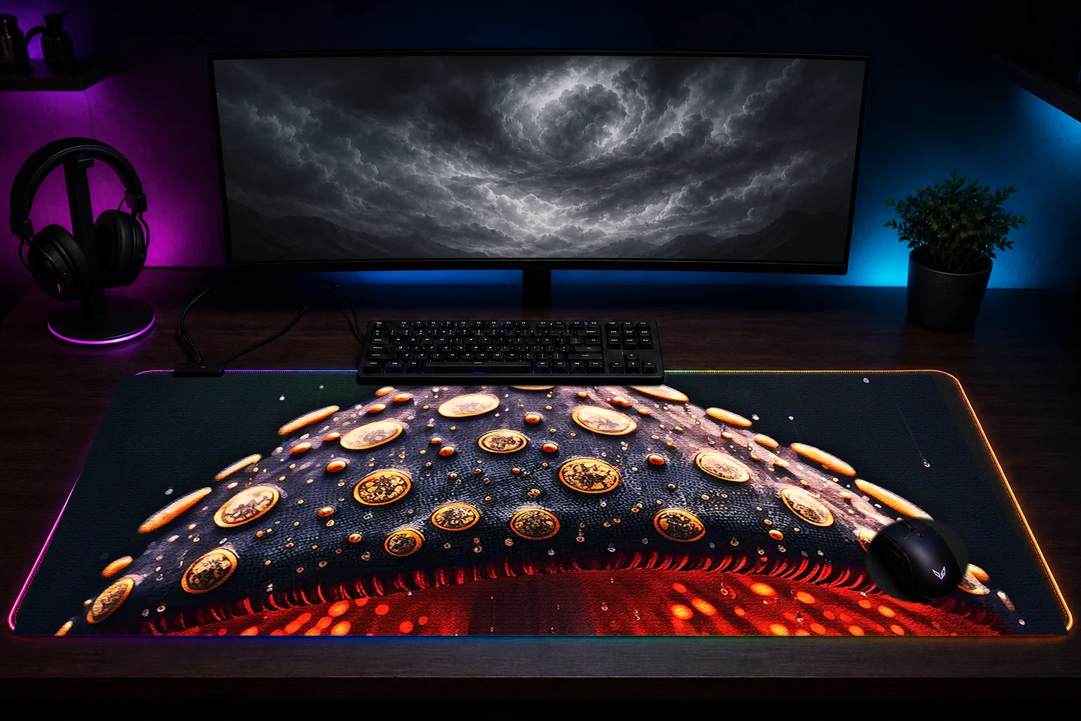 Mushrooms In the Rain RGB Desk Mat immersive setup scene