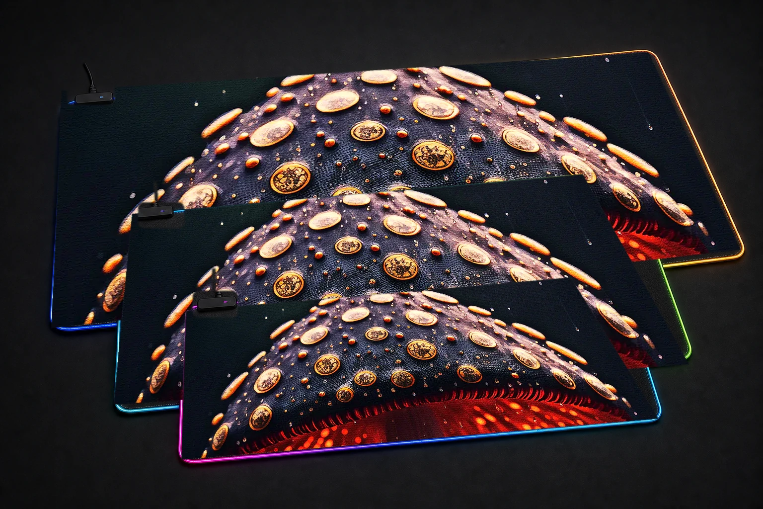 Mushrooms In the Rain RGB Desk Mat three-size comparison