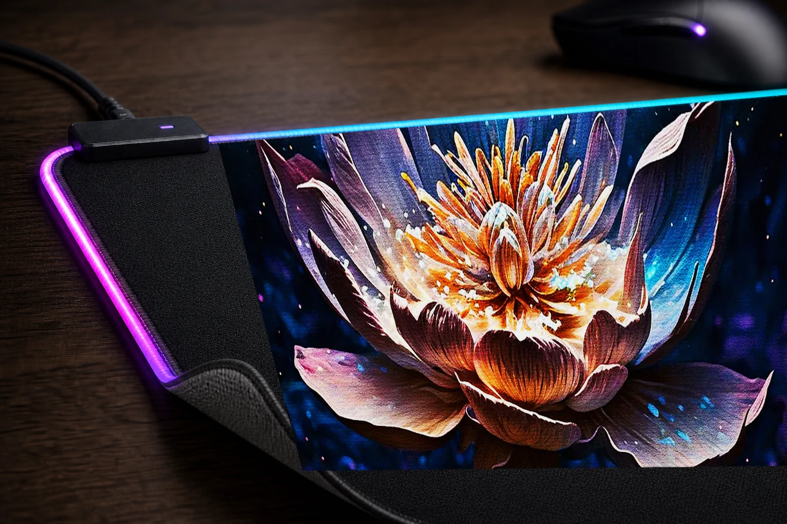 Lotus Flower Magic RGB Desk Mat controller and material detail