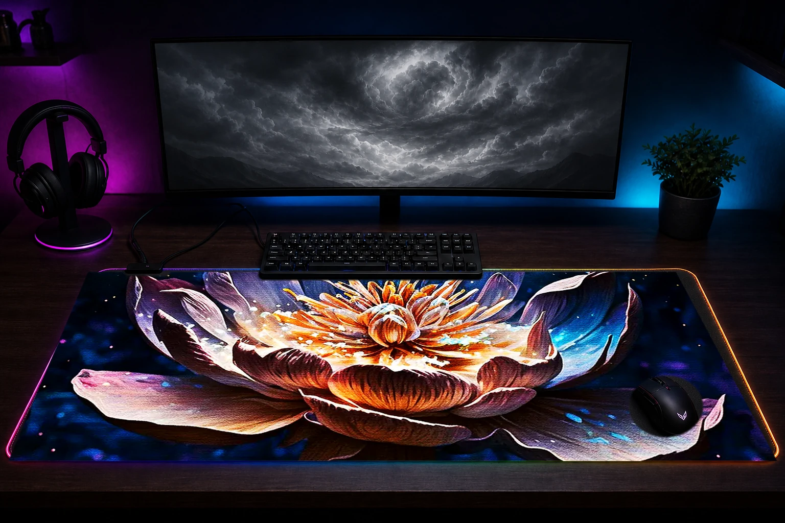 Lotus Flower Magic RGB Desk Mat immersive setup scene