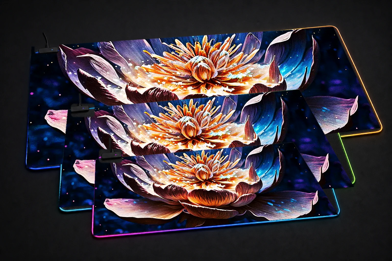 Lotus Flower Magic RGB Desk Mat three-size comparison