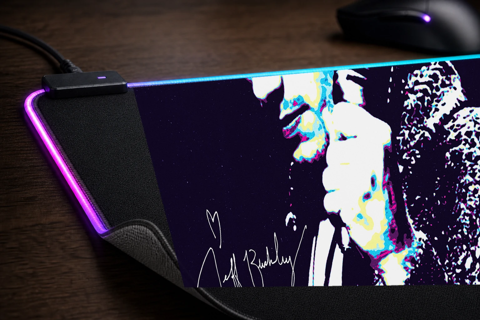 Jeff Buckley Portrait with Signature RGB Desk Mat controller and material detail
