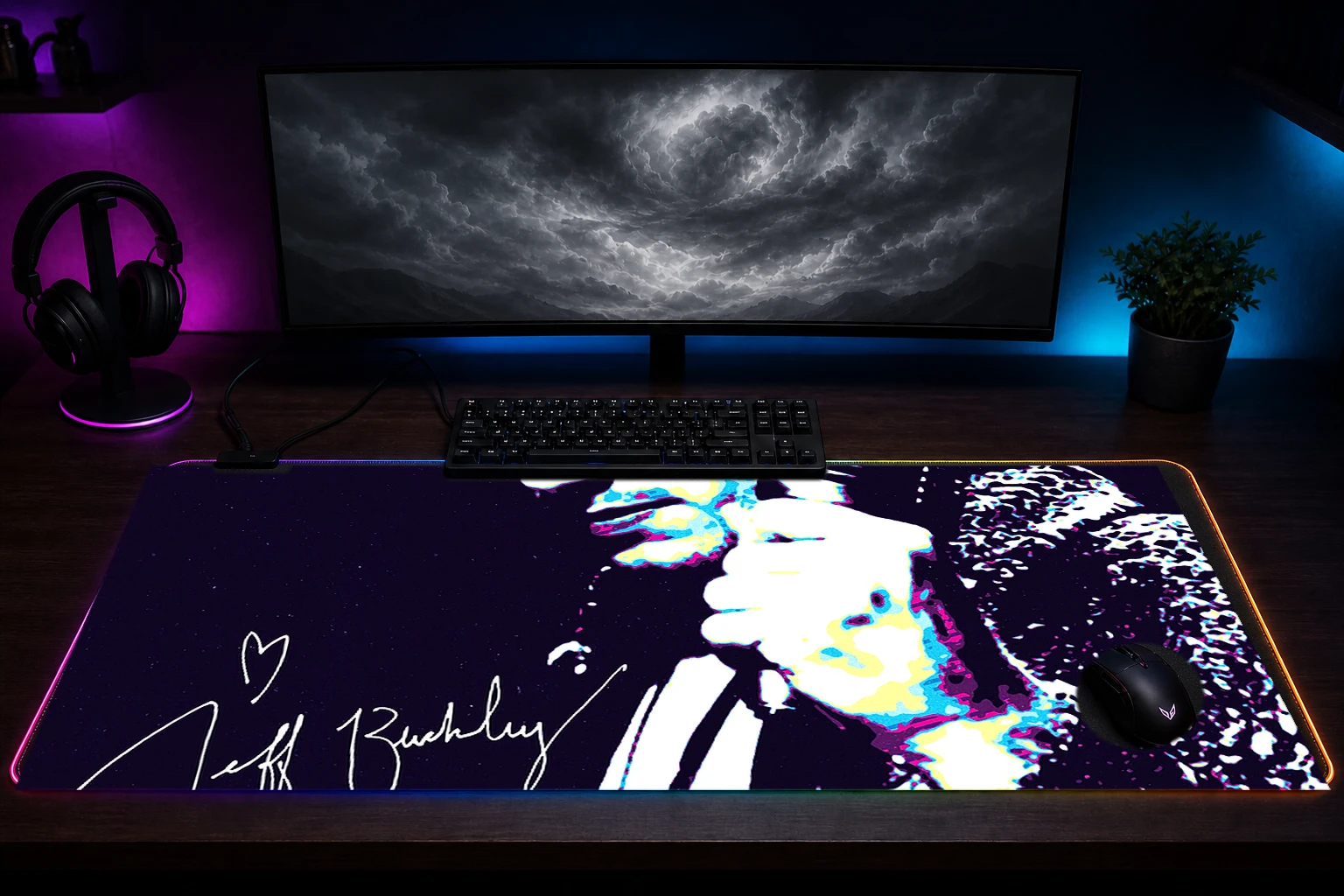 Jeff Buckley Portrait with Signature RGB Desk Mat immersive setup scene