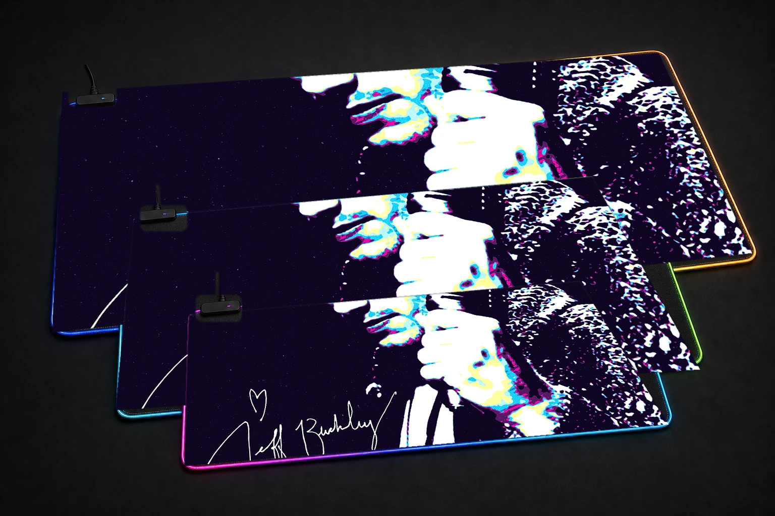 Jeff Buckley Portrait with Signature RGB Desk Mat three-size comparison