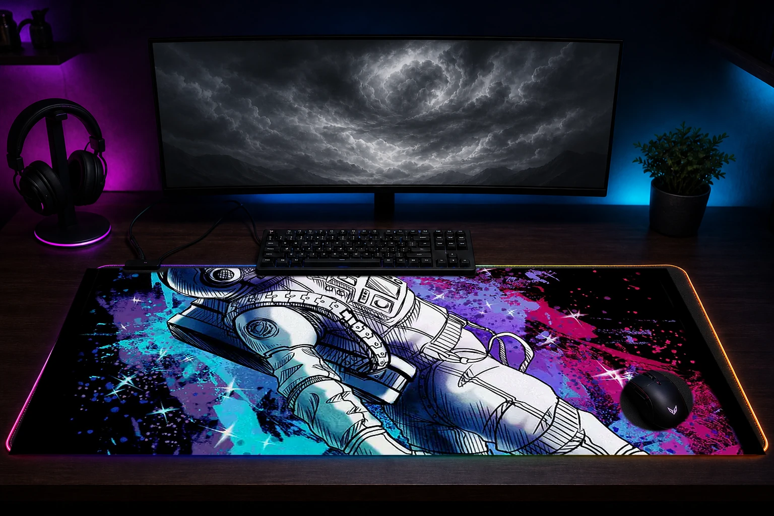 Space is Wild RGB Desk Mat immersive setup scene