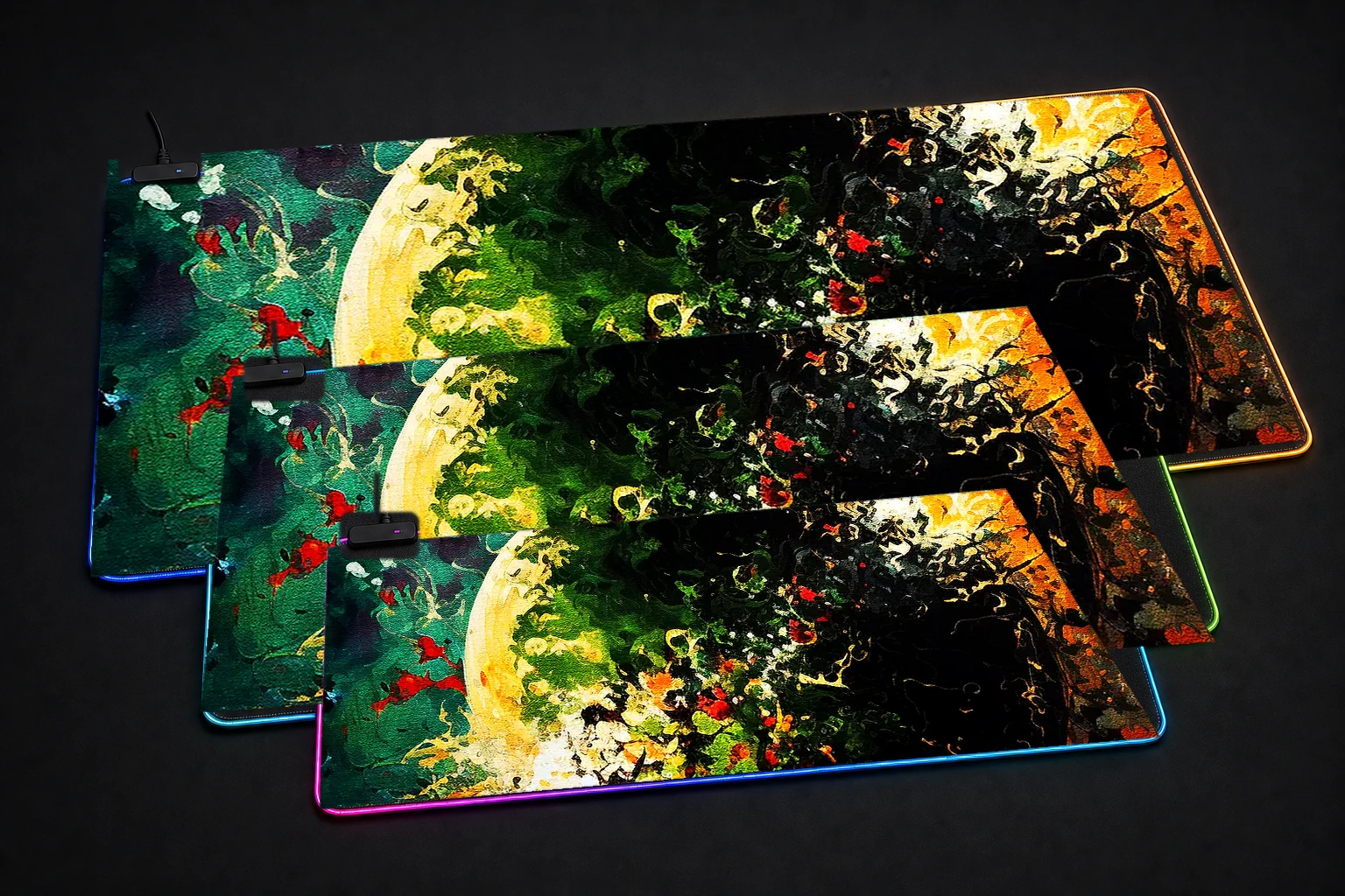 Star cosmos expressive oil RGB Desk Mat three-size comparison