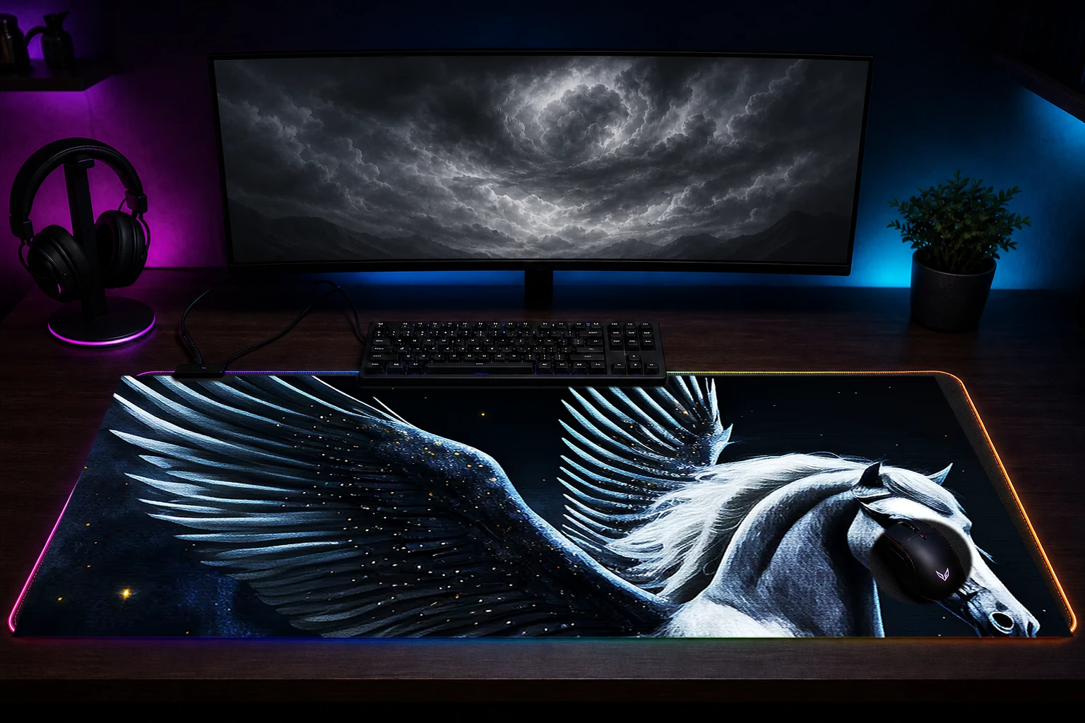 Mystic Dark Horse RGB Desk Mat immersive setup scene