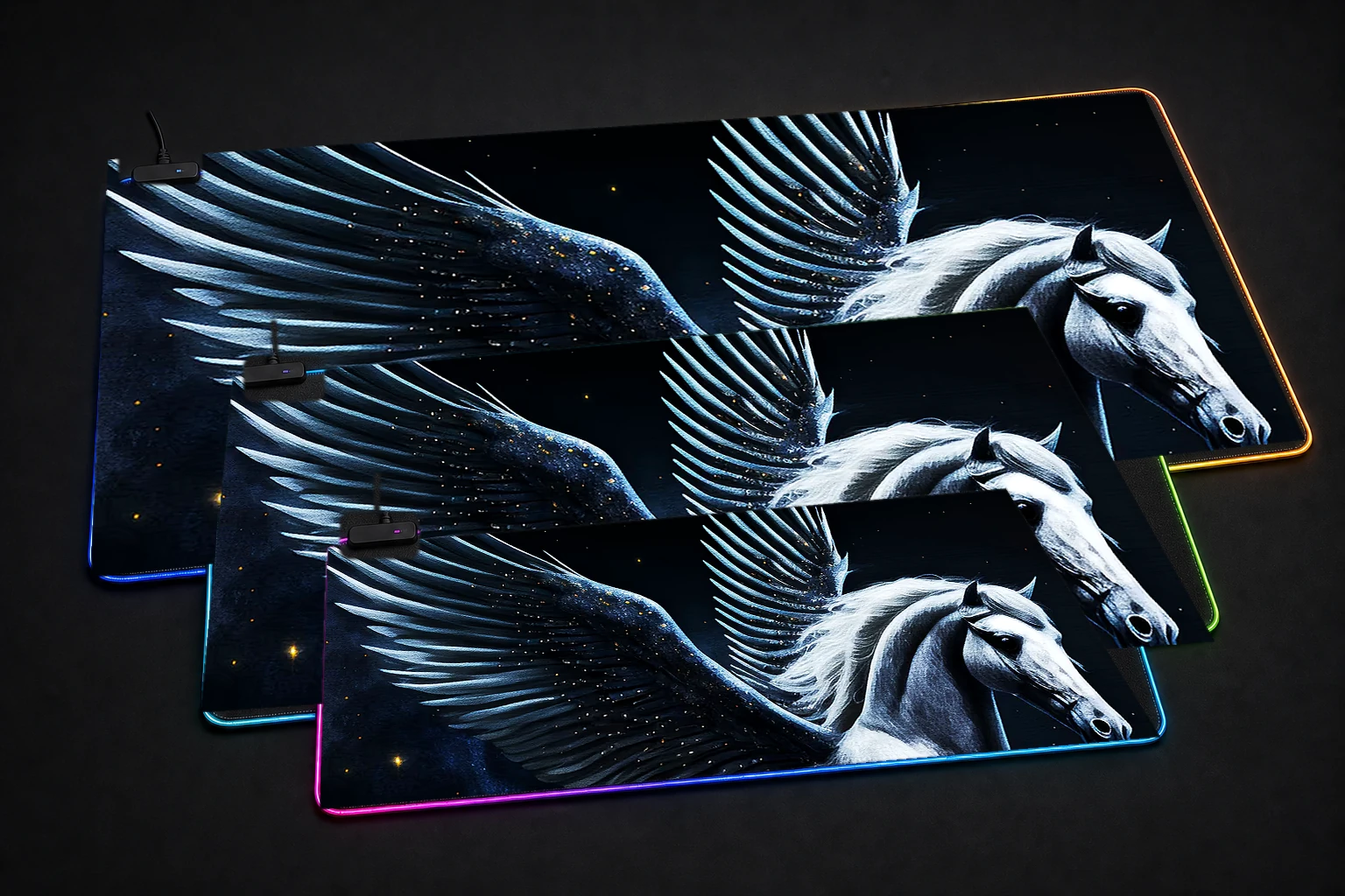 Mystic Dark Horse RGB Desk Mat three-size comparison