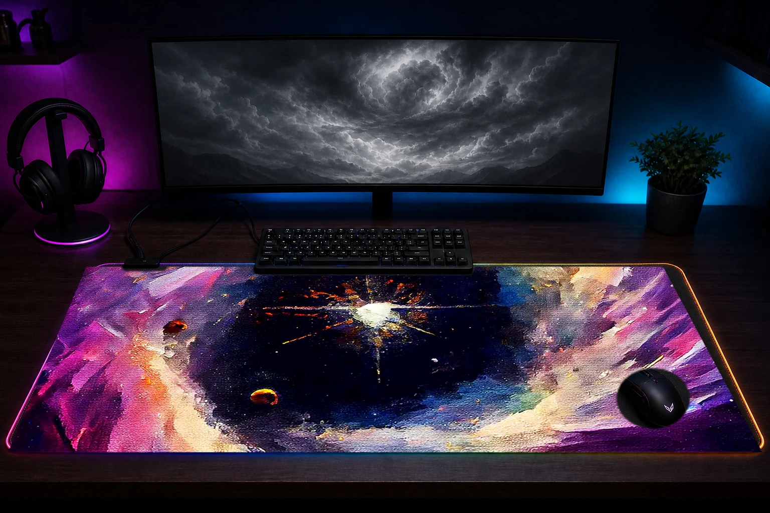 Paint Black Hole RGB Desk Mat immersive setup scene