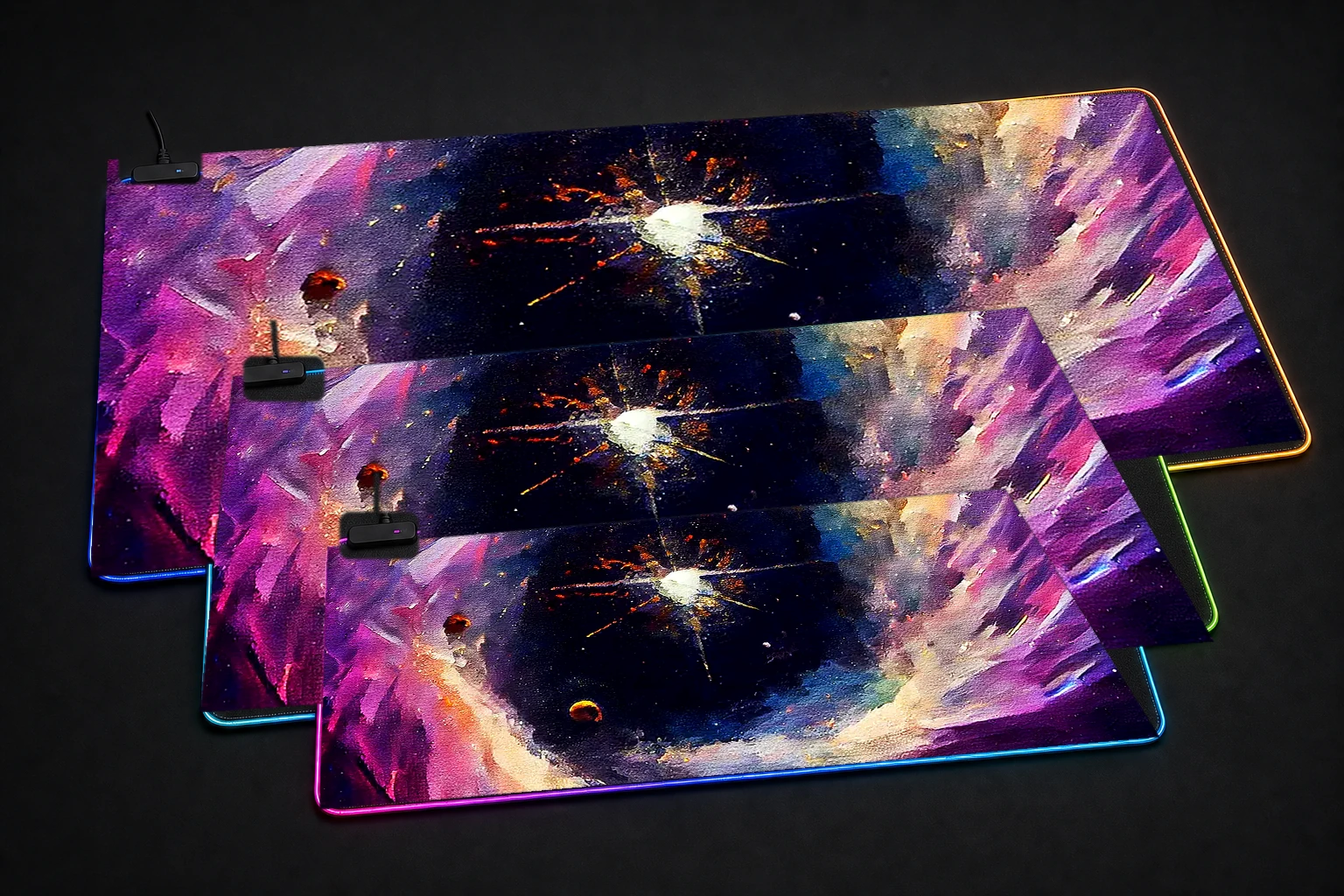Paint Black Hole RGB Desk Mat three-size comparison