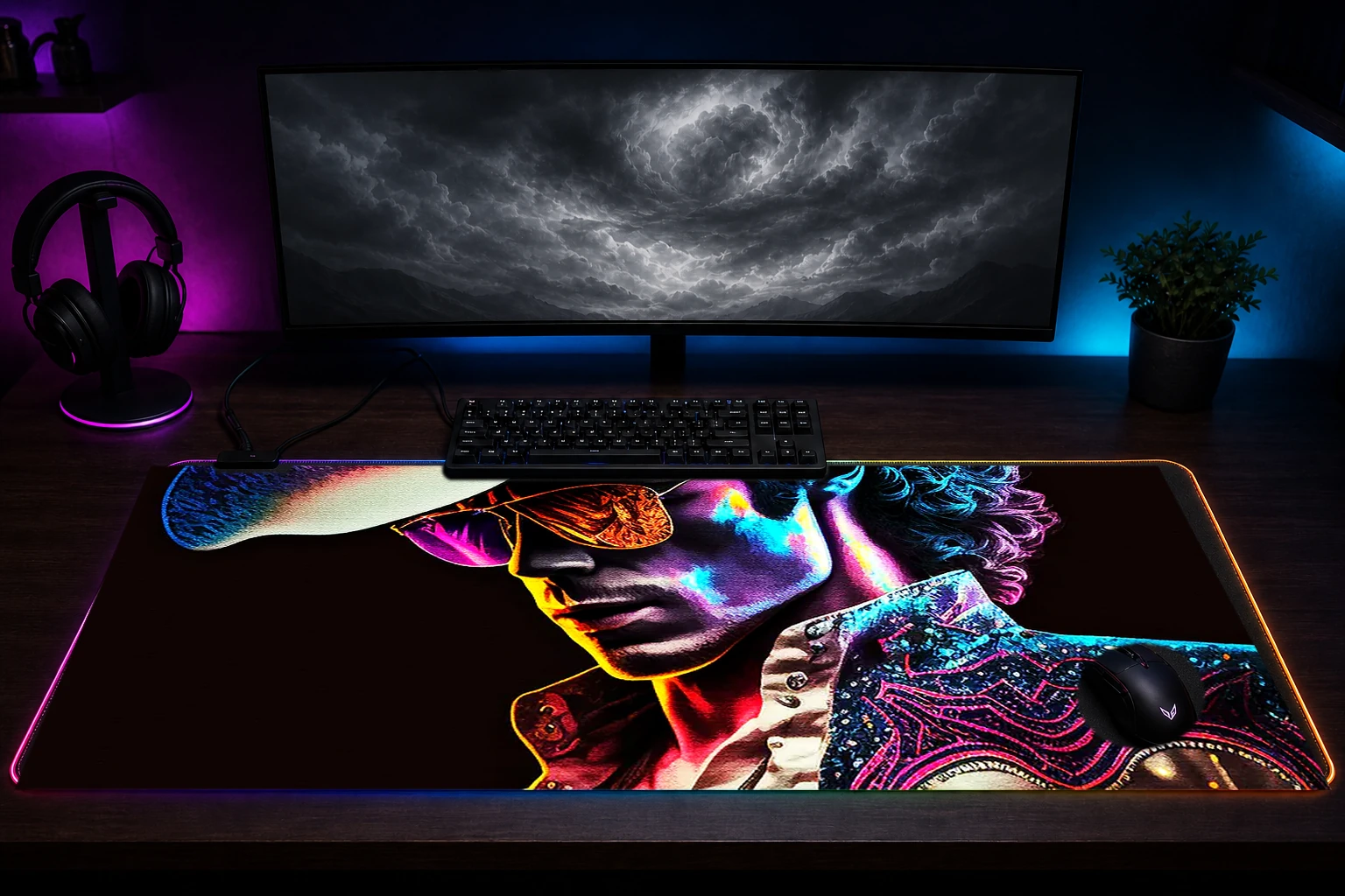 Disco cowboy art RGB Desk Mat immersive setup scene