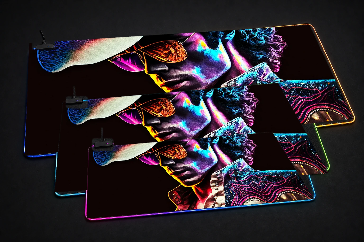 Disco cowboy art RGB Desk Mat three-size comparison