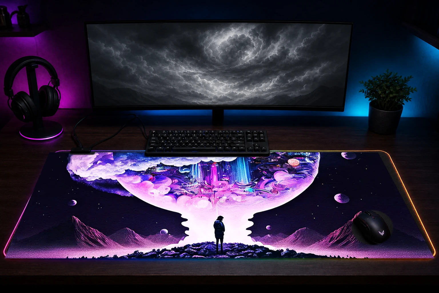 Space Life RGB Desk Mat immersive setup scene