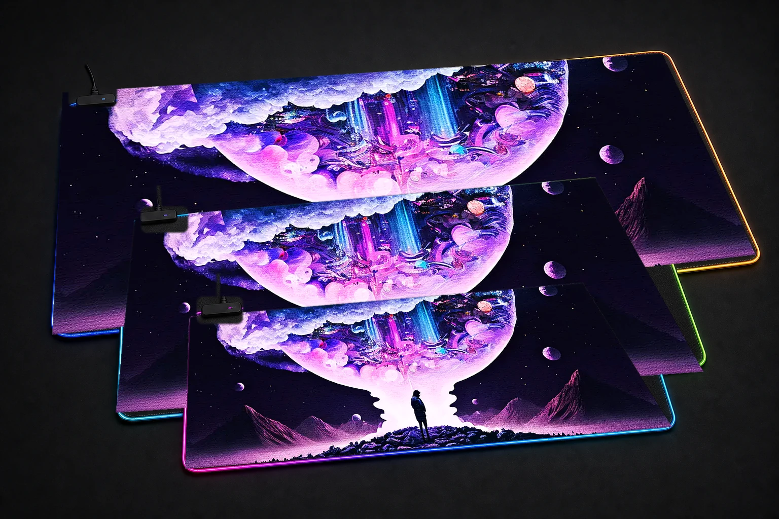 Space Life RGB Desk Mat three-size comparison