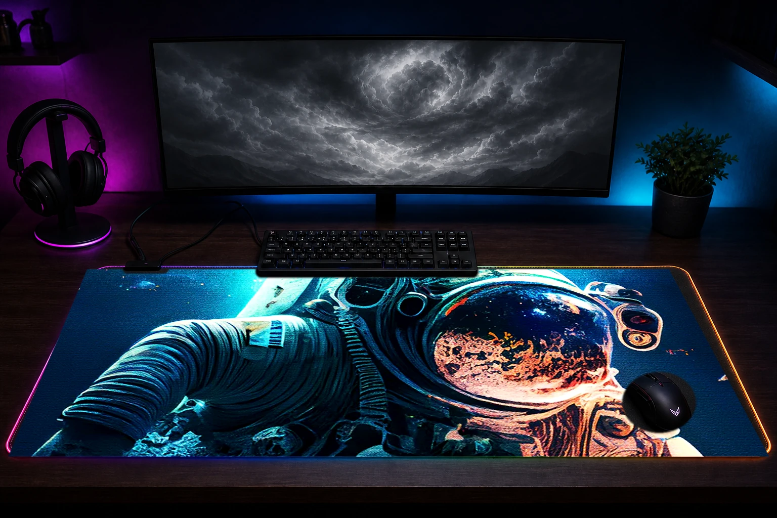 Astronaut Diving RGB Desk Mat immersive setup scene