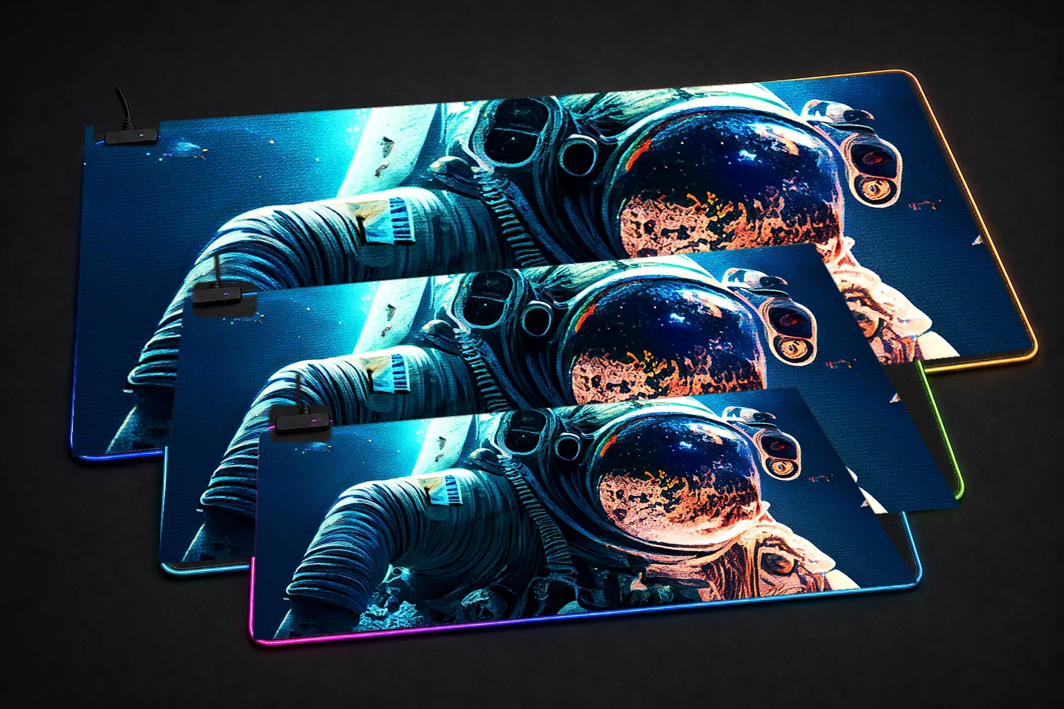 Astronaut Diving RGB Desk Mat three-size comparison